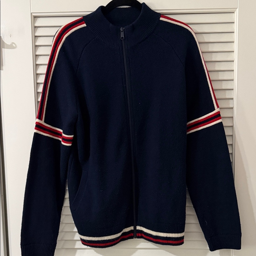 Marine Layer Navy Zip-Up Sweater with Red and White Stripes